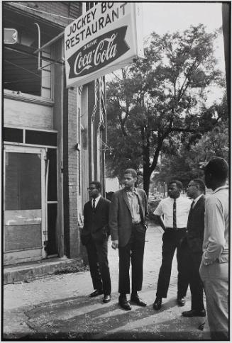 Jimmy Hicks, Julian Bond, John Lewis, and Jeremiah X across from the Sixteenth Street Baptist Church, Birmingham, Alabama