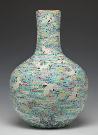 Vase with Flying Cranes amid Colorful Clouds over Isles of Peach Trees