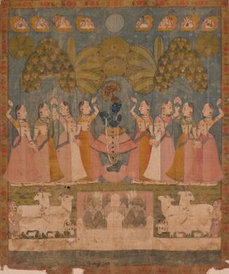 Temple Hanging (Pichhvai) with Cowherd Girls Adoring Krishna and the Festival of the Autumn Full Moon (Sarat Purnima)