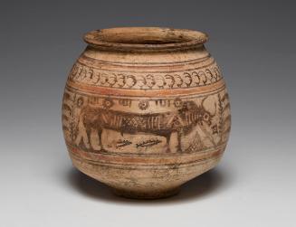 Globular Pot with Alternating Motifs of Bull, Formal Trees, and a Row of Horned Animals