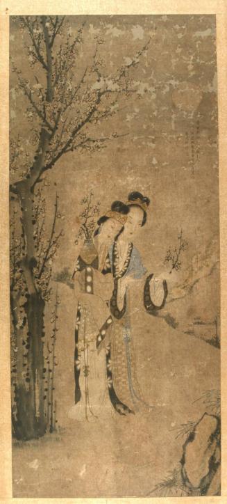 Women Carrying Blossoming Plum in Snow under Moonlight