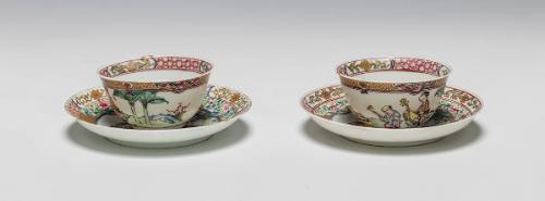 Pair of Cups and Saucers, Woman Holding Lute (Pipa) with Child