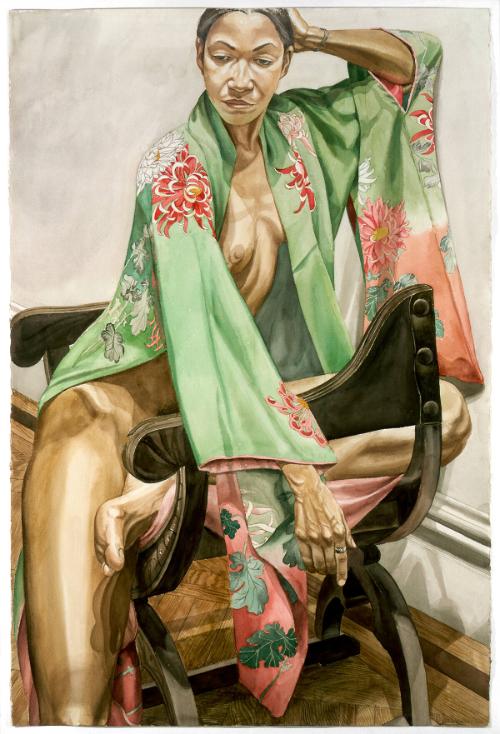 Female Model in Green Kimono on Savonarola Chair