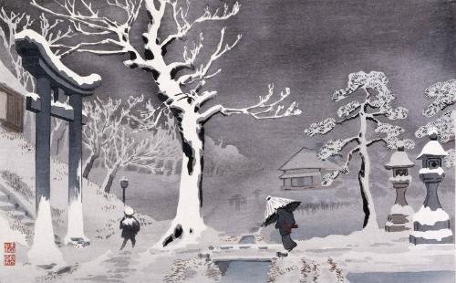 Snow Scene beneath the Embankment at Mimeguri Shrine, Mukōjima (Mukōjima Mimeguri teika no sekkei)