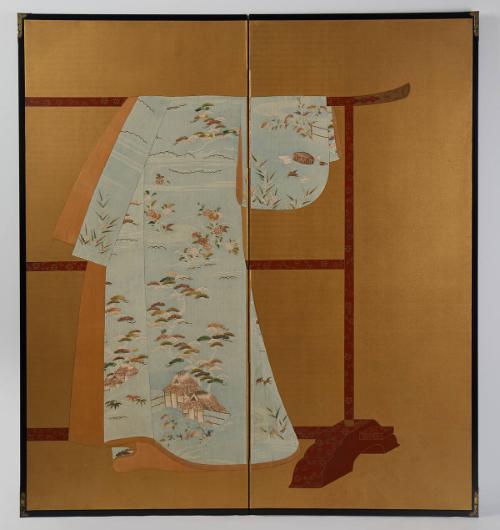 Robe Fragments, Mounted as a Kosode on a Screen