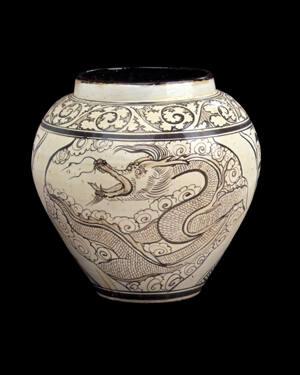 Wide-mouthed Jar with Painted Dragon and Phoenix