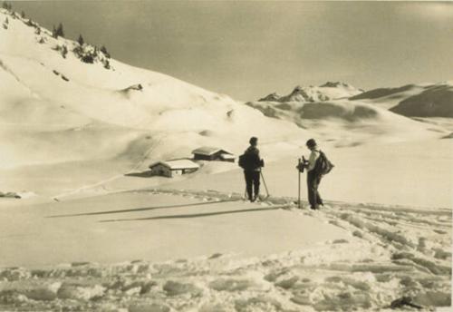 Untitled (Alpine Scene with Skiers and Buildings)