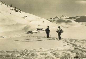 Untitled (Alpine Scene with Skiers and Buildings)