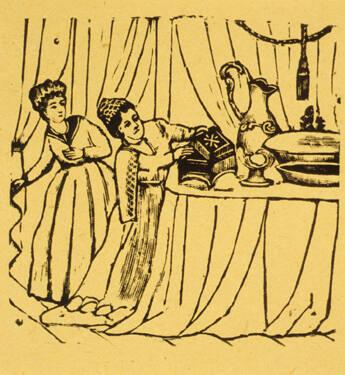 Untitled (Two women--one is peeking into a chest)