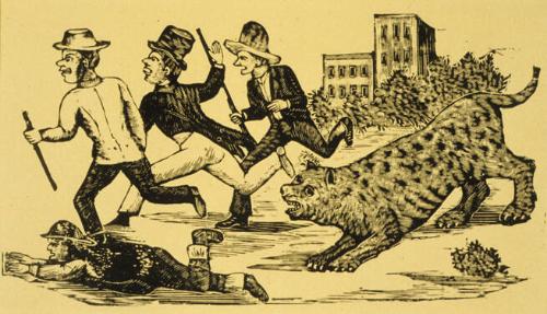 Untitled (Wild cat chasing three men)