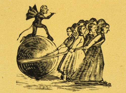 Untitled (People pulling a large stone ridden by a demon)