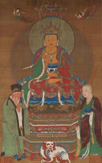 Bodhisattva Kshitigarbha (Dizang in Chinese, Jizo in Japanese) with Attendants (Mingong and Monk Daoming) and Dog, dedicated on a New Year's Day in 1704 or 1764