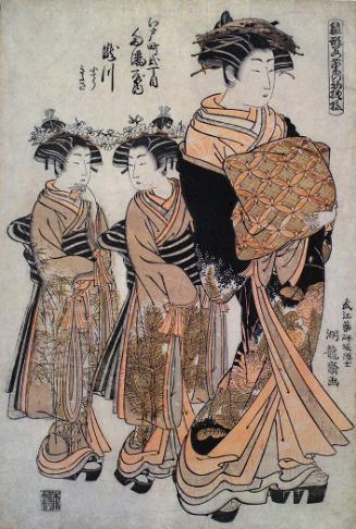 Courtesan Takigawa of Taman’ya Strolling with Child Attendants Kochō and Kiyoe