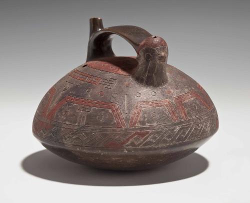 Blackware spout and bridge vessel with bird head