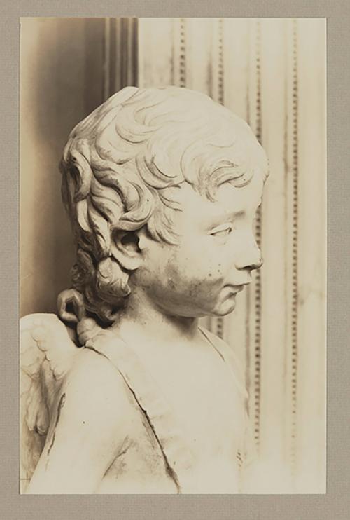 Putto at head of bier; Head, facing five sixths right