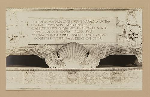Urn; Winged shell and plate with inscription