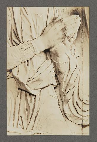 Adoring angel, relief, above head of bier; Hands and drapery