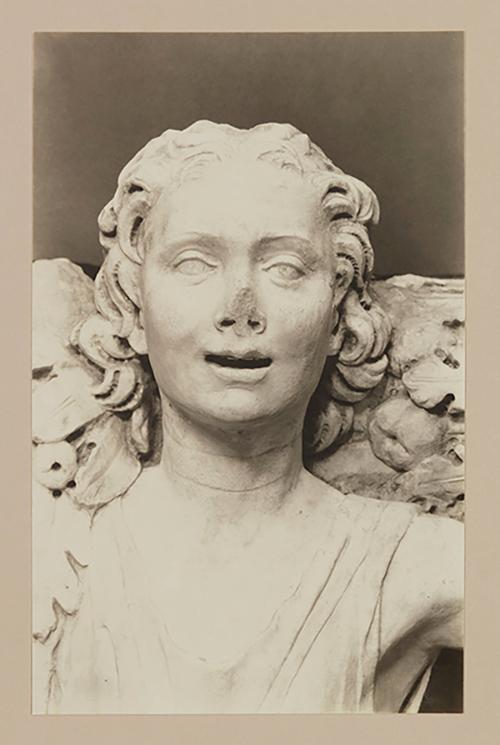Youth bearing galrland above head of bier; Head, facing front
