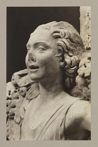 Youth bearing garland above head of bier; Head, facing two thirds left