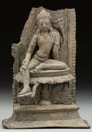 Bodhisattva Vajrapani or “Thunderbolt-in-Hand,“ a Guardian of Buddha is Seated in the Position of Lalitasana. The Weapon Vajra is Typically Placed on the Blue Lotus by his Left Arm 
