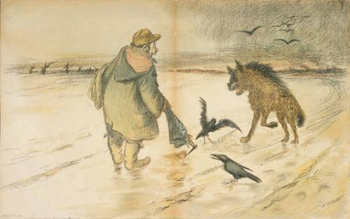 Untitled (Man with Umbrella, Wolf and Birds)